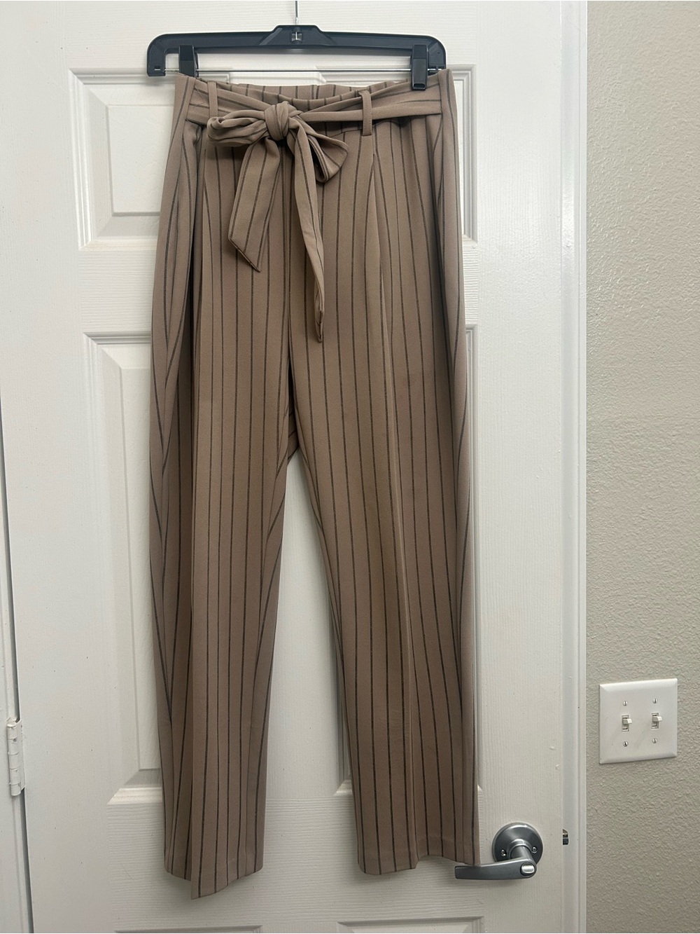 Taupe Pinstripe Paperbag Trousers with Self-Tie Belt